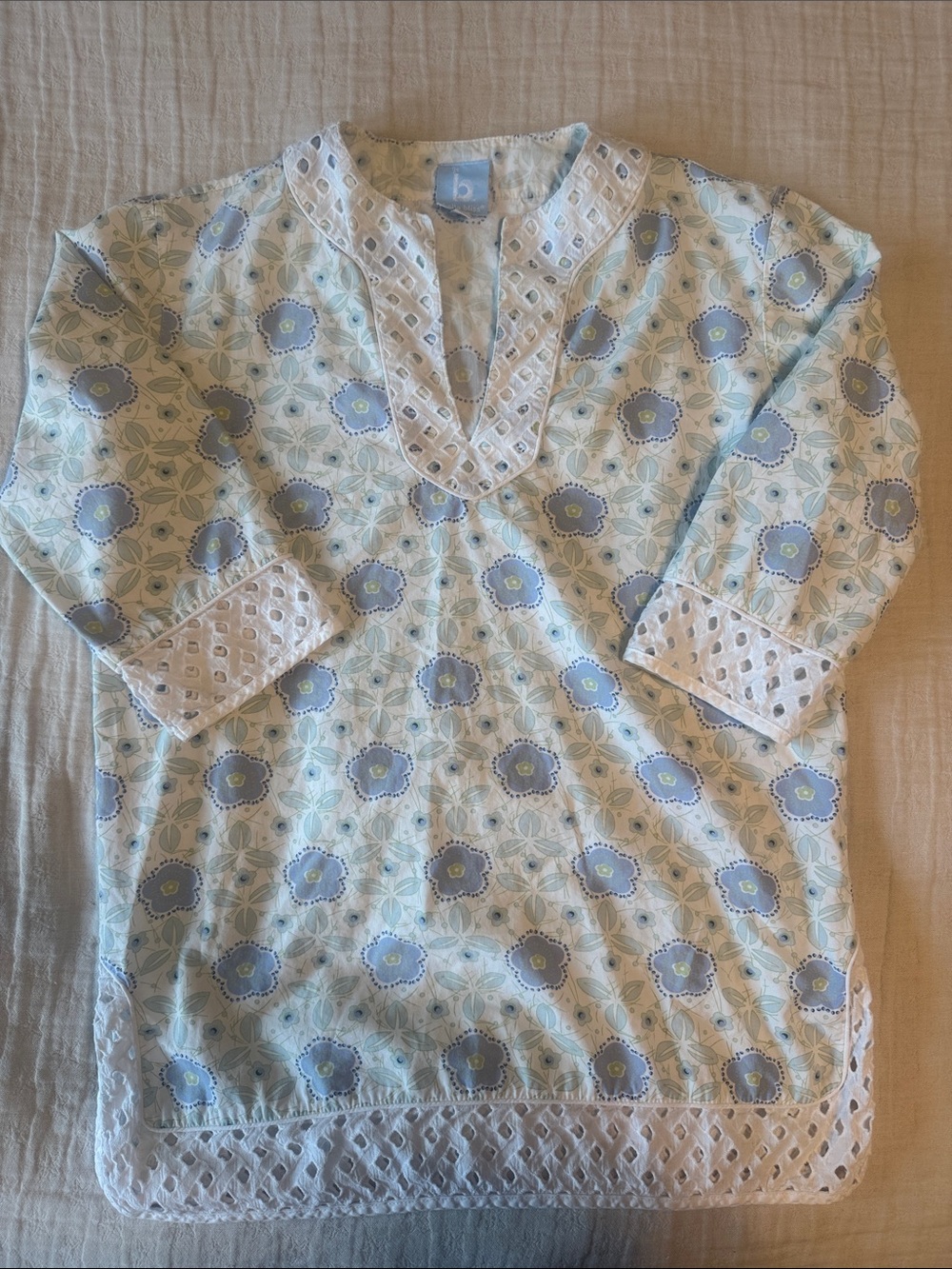 Bella Bliss Small Floral Cotton Eyelet Tunic Top Blue Green White